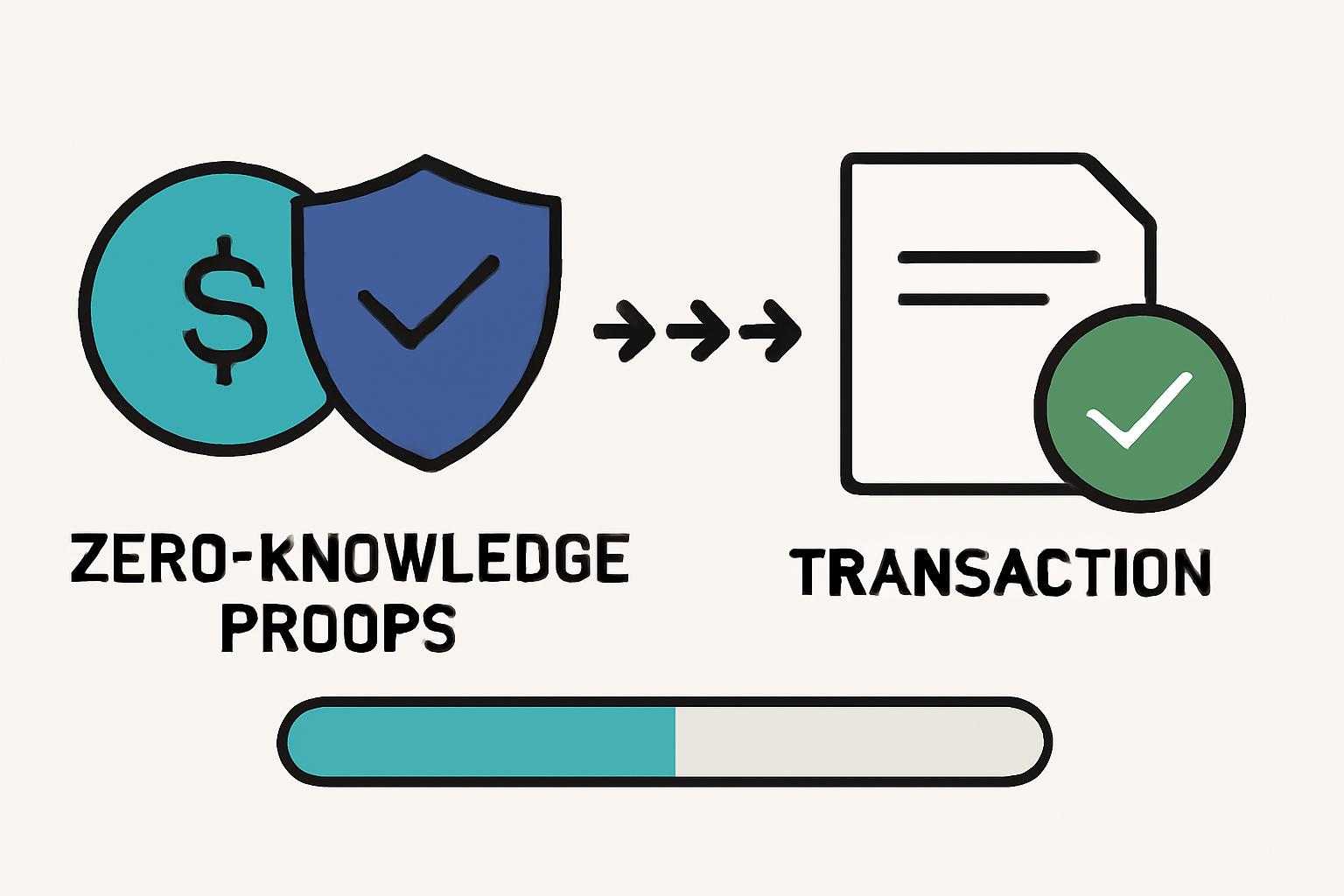 A visual representation of zero-knowledge proofs validating a transaction, with shield and checkmark icons, and a progress bar.