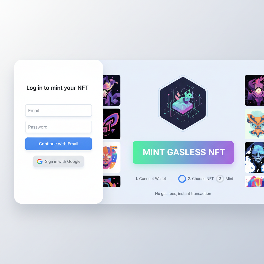 Sleek Next.js UI with email login and gasless mint button, NFT artwork