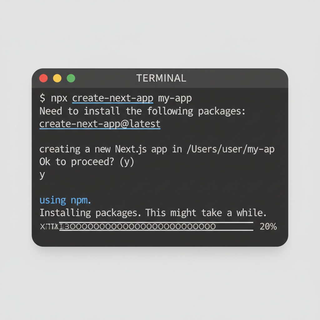 terminal window running npx create-next-app command, clean code aesthetic