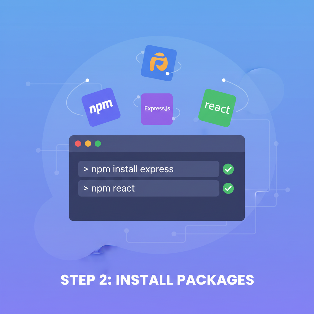 npm install commands in VS Code terminal, package icons floating