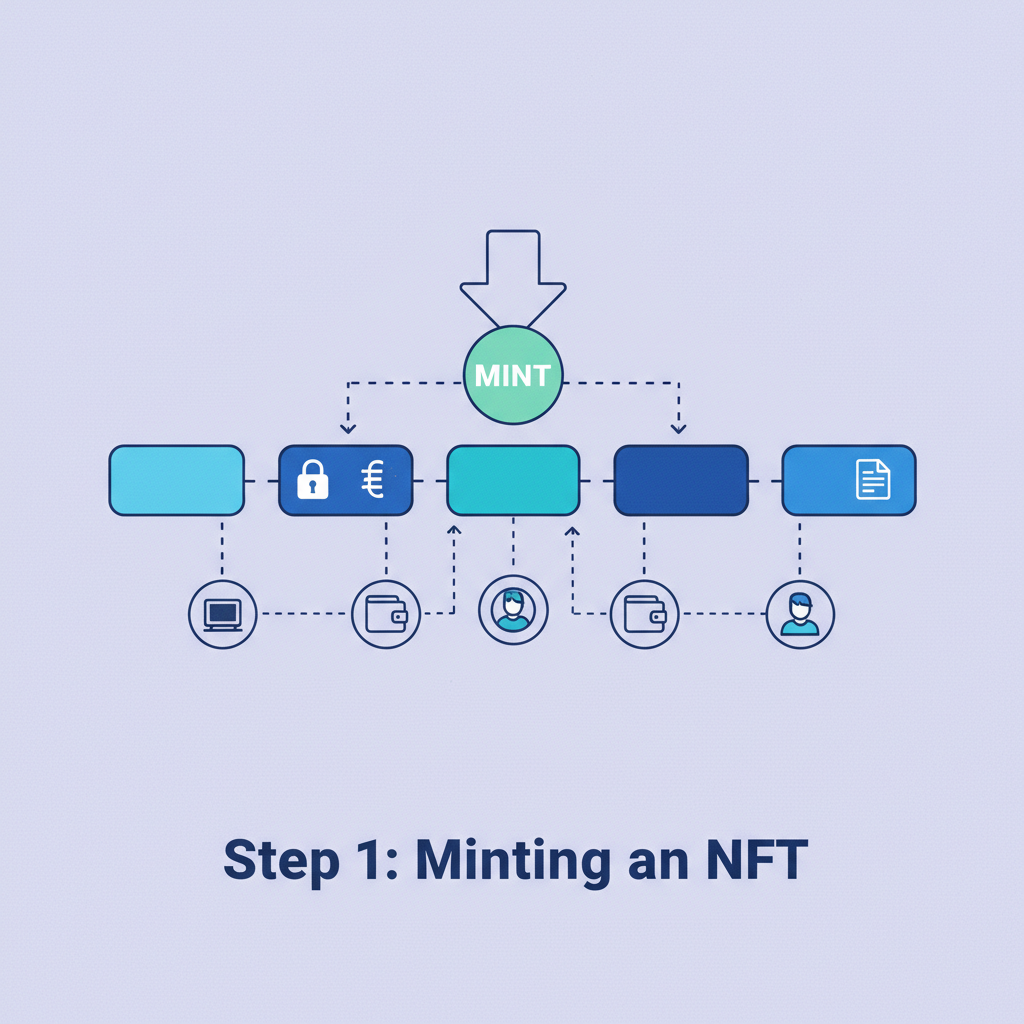 Solidity NFT mint function code in Remix IDE, blockchain graphic