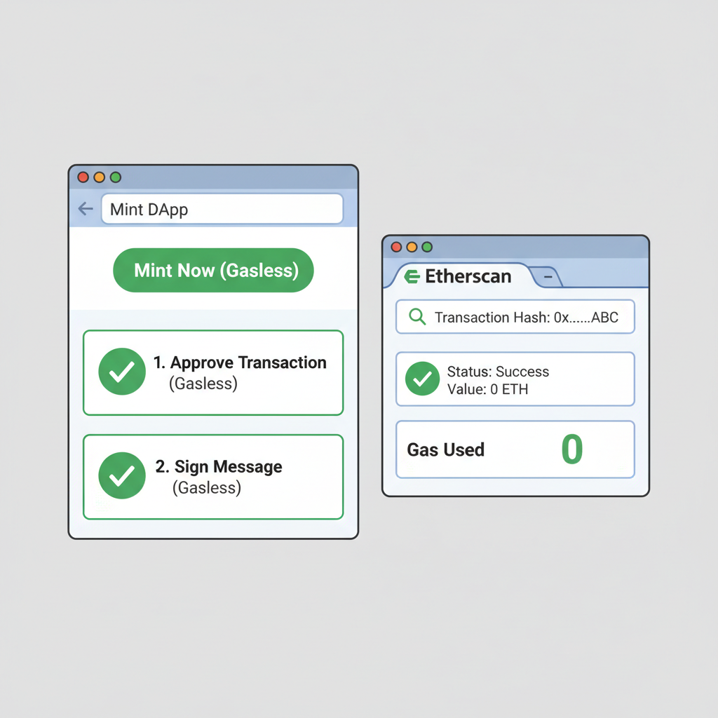 Browser testing gasless mint, green checkmarks, Etherscan explorer