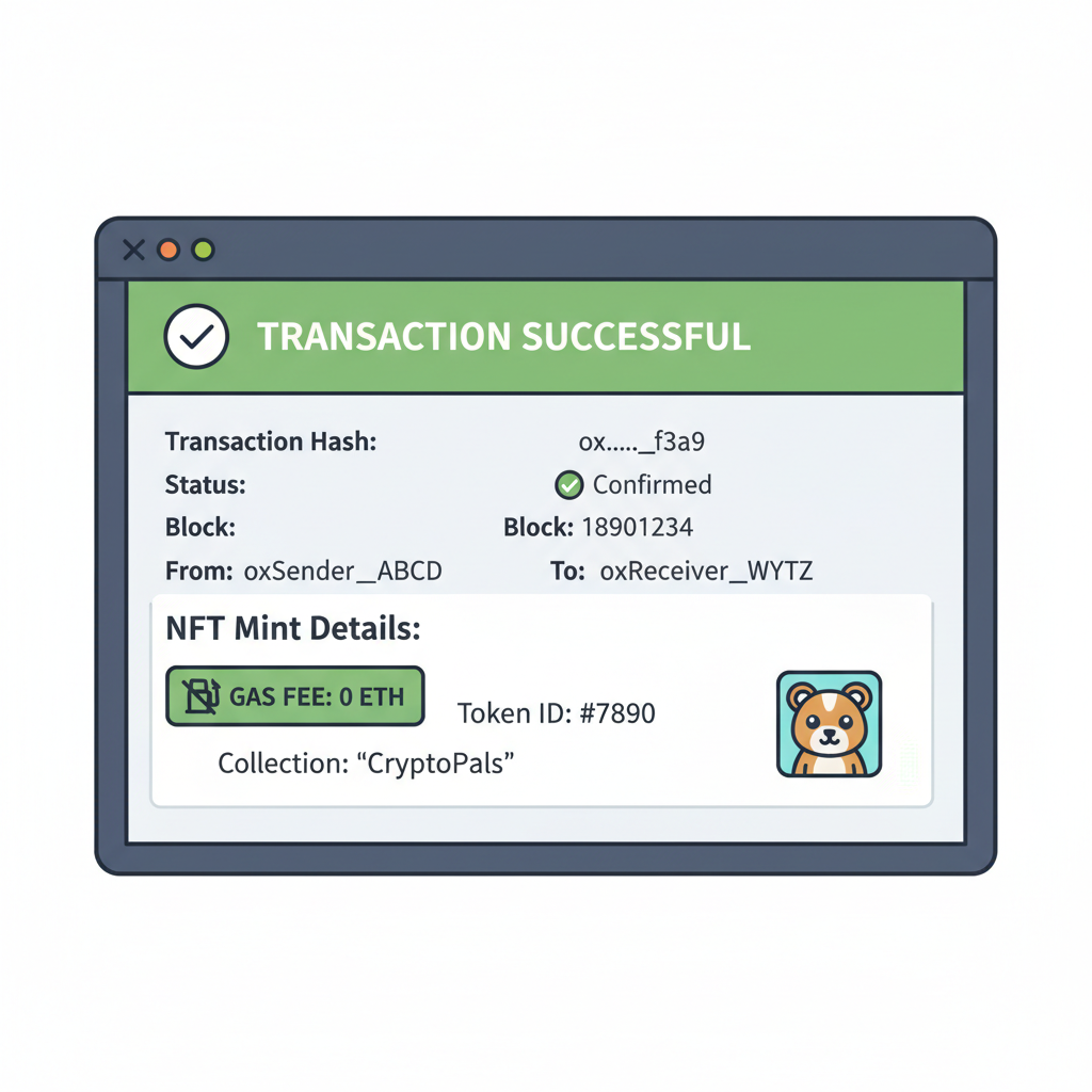 blockchain explorer showing successful gasless NFT mint