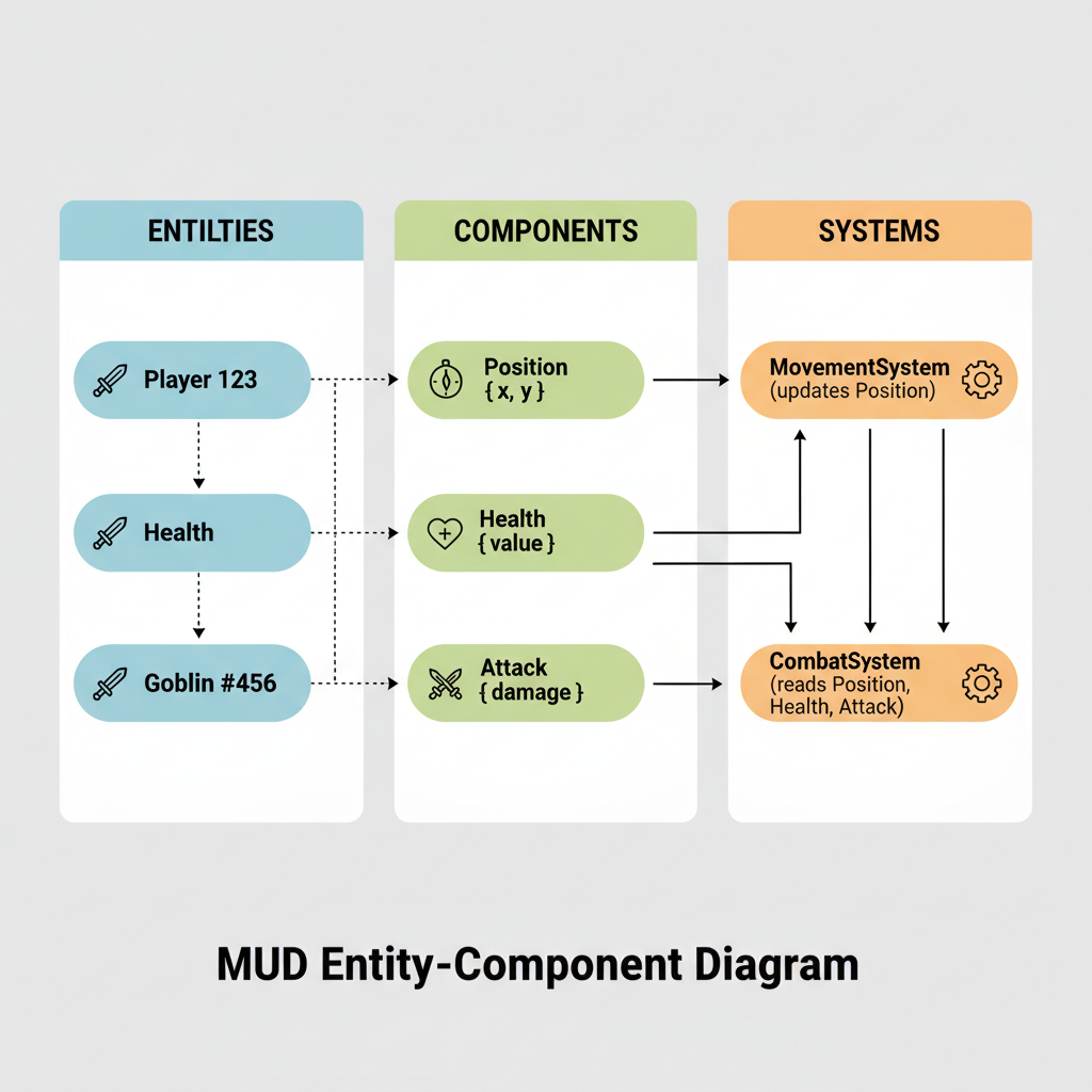 code snippet of MUD tables and systems in TypeScript, entity-component diagram, on-chain data flow