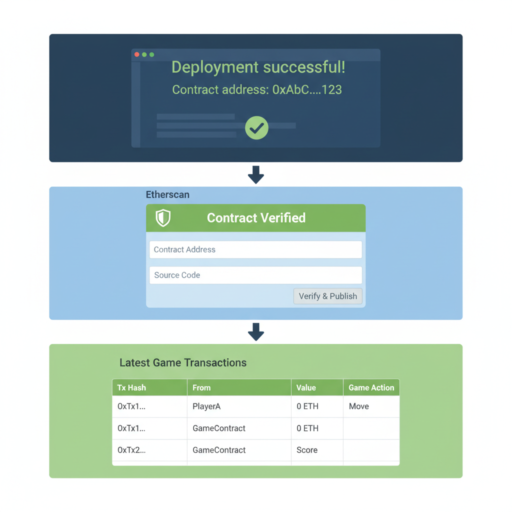 deployment terminal success, Etherscan verification page, testnet explorer with game transactions