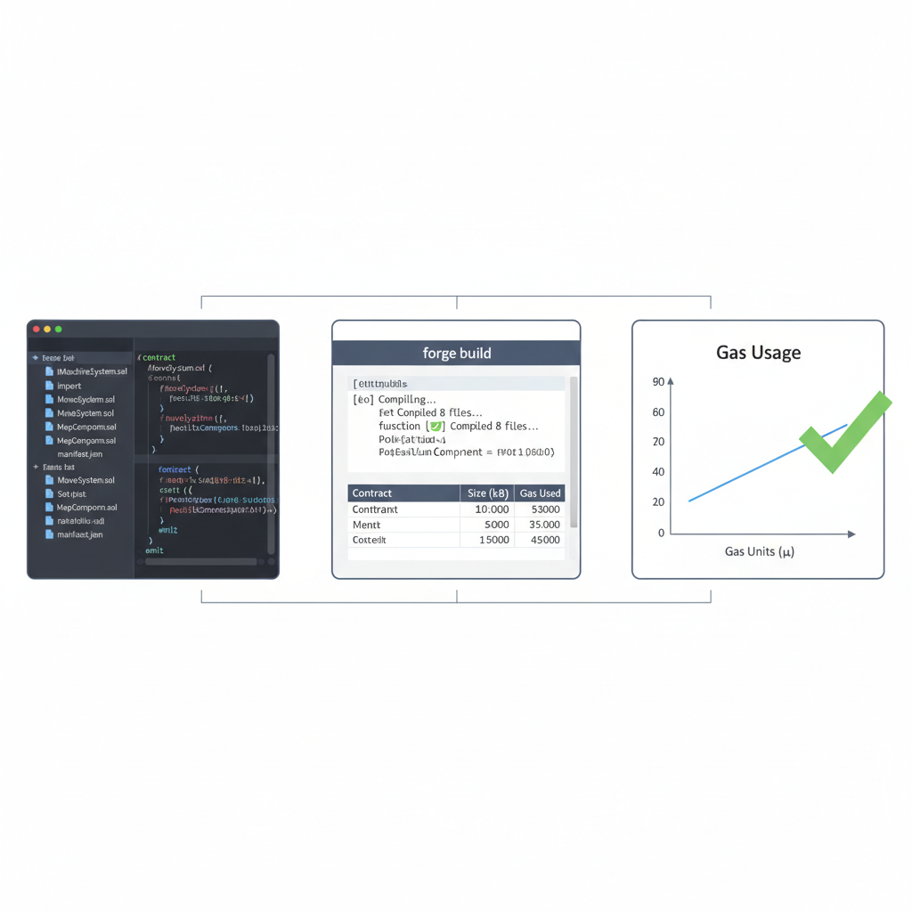 Solidity code in VS Code for MUD contracts, Forge compilation output, gas meter graph showing low usage