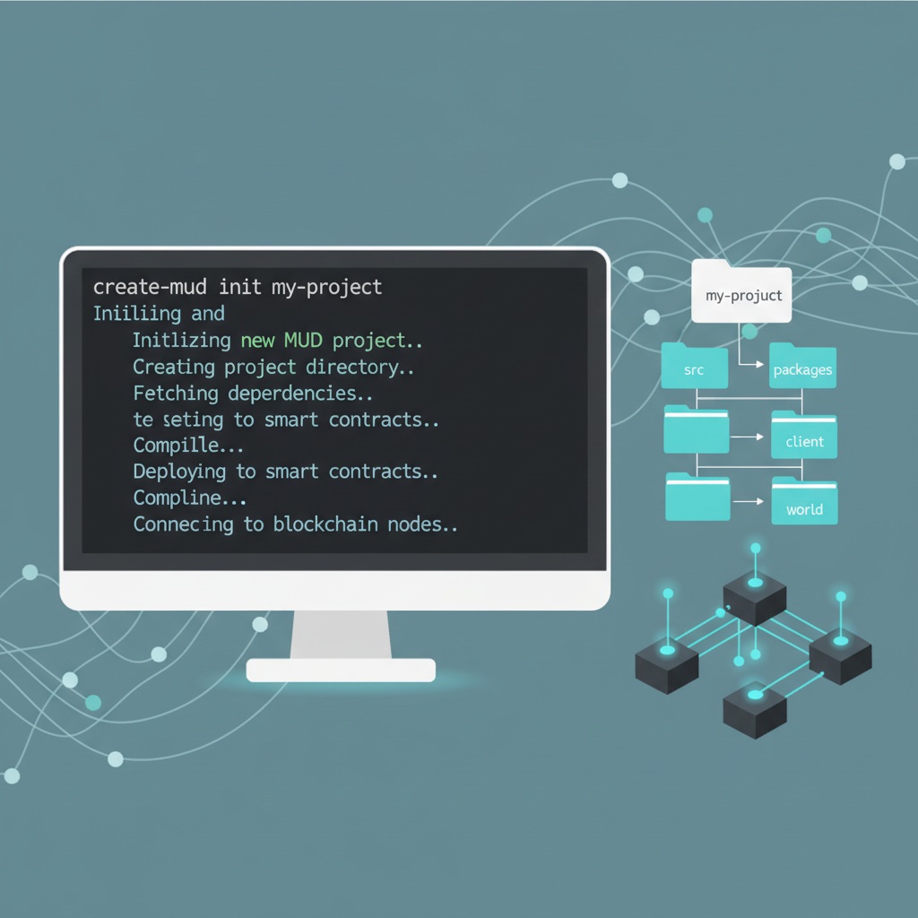 terminal command line running create-mud init, project folder structure emerging, blockchain nodes connecting