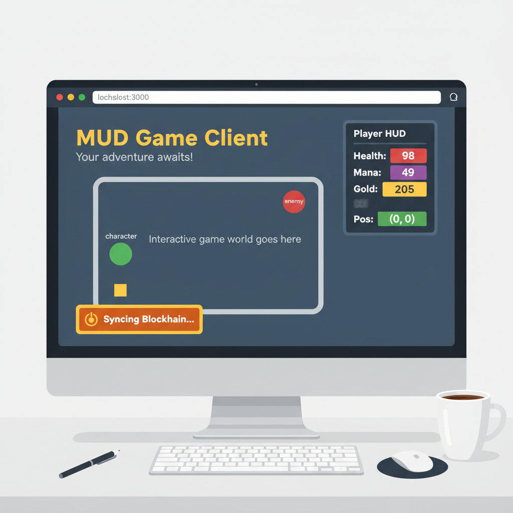 React app with MUD client hooks, live blockchain sync animation, player HUD updating in real-time