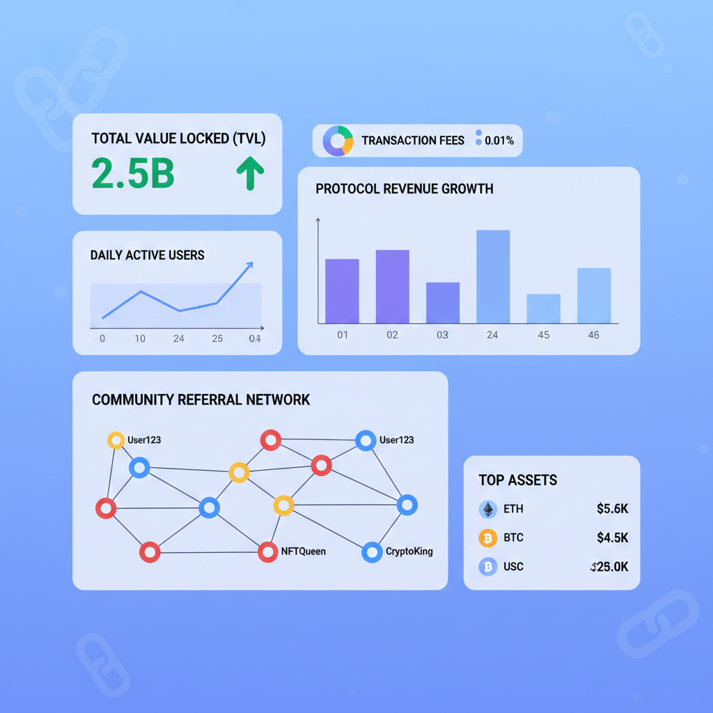 analytics dashboard with on-chain metrics, growth charts, community referral network graph