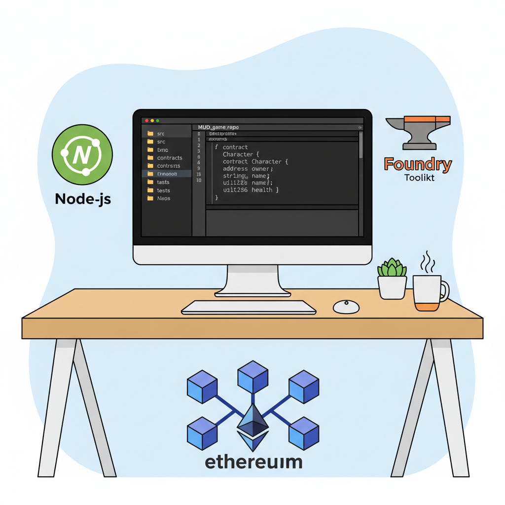 clean developer desk with Node.js logo, Foundry toolkit, code editor open to MUD repo, Ethereum blockchain graphic