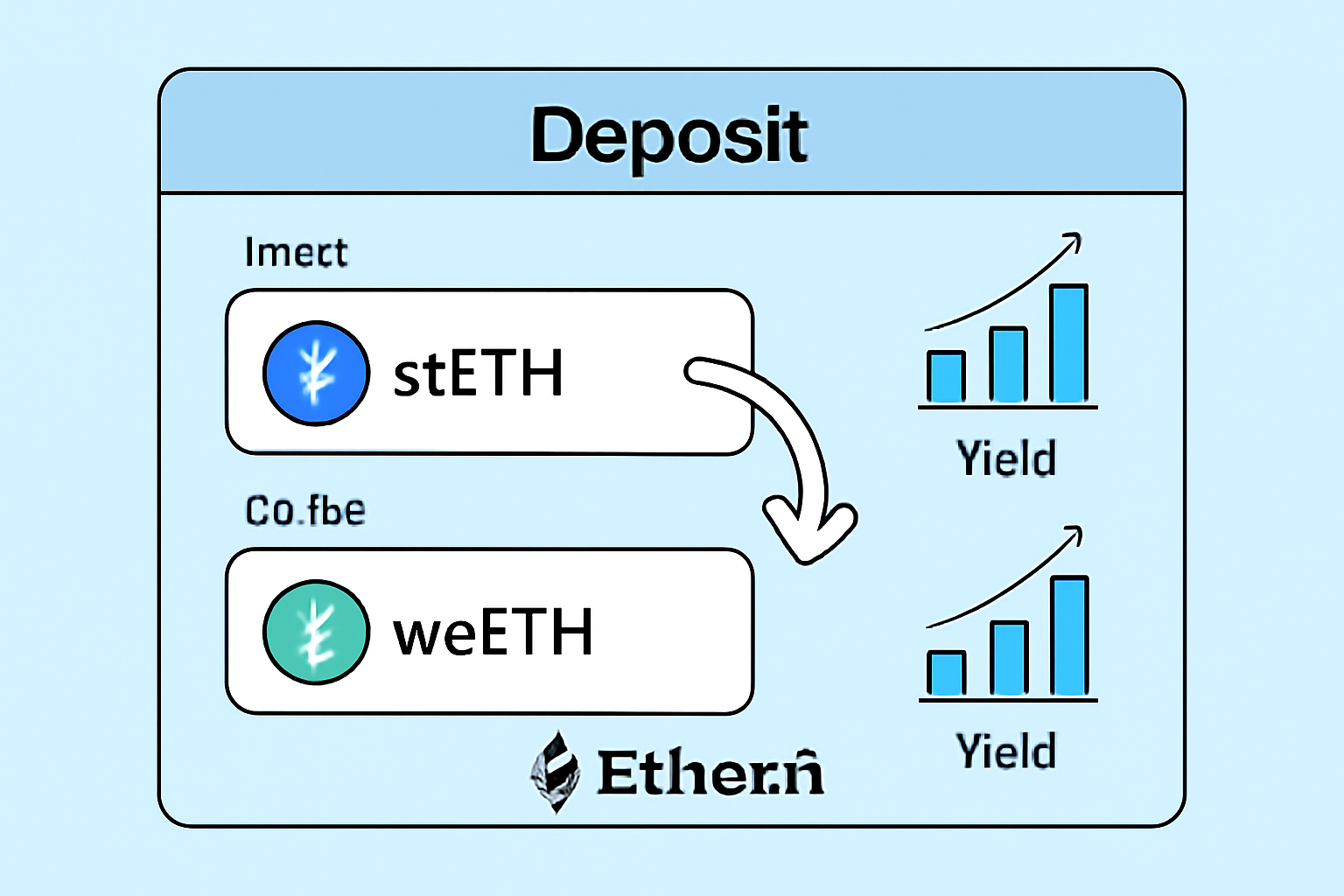Ether.fi deposit screen showing stETH input to weETH output, smooth token swap animation, yield charts