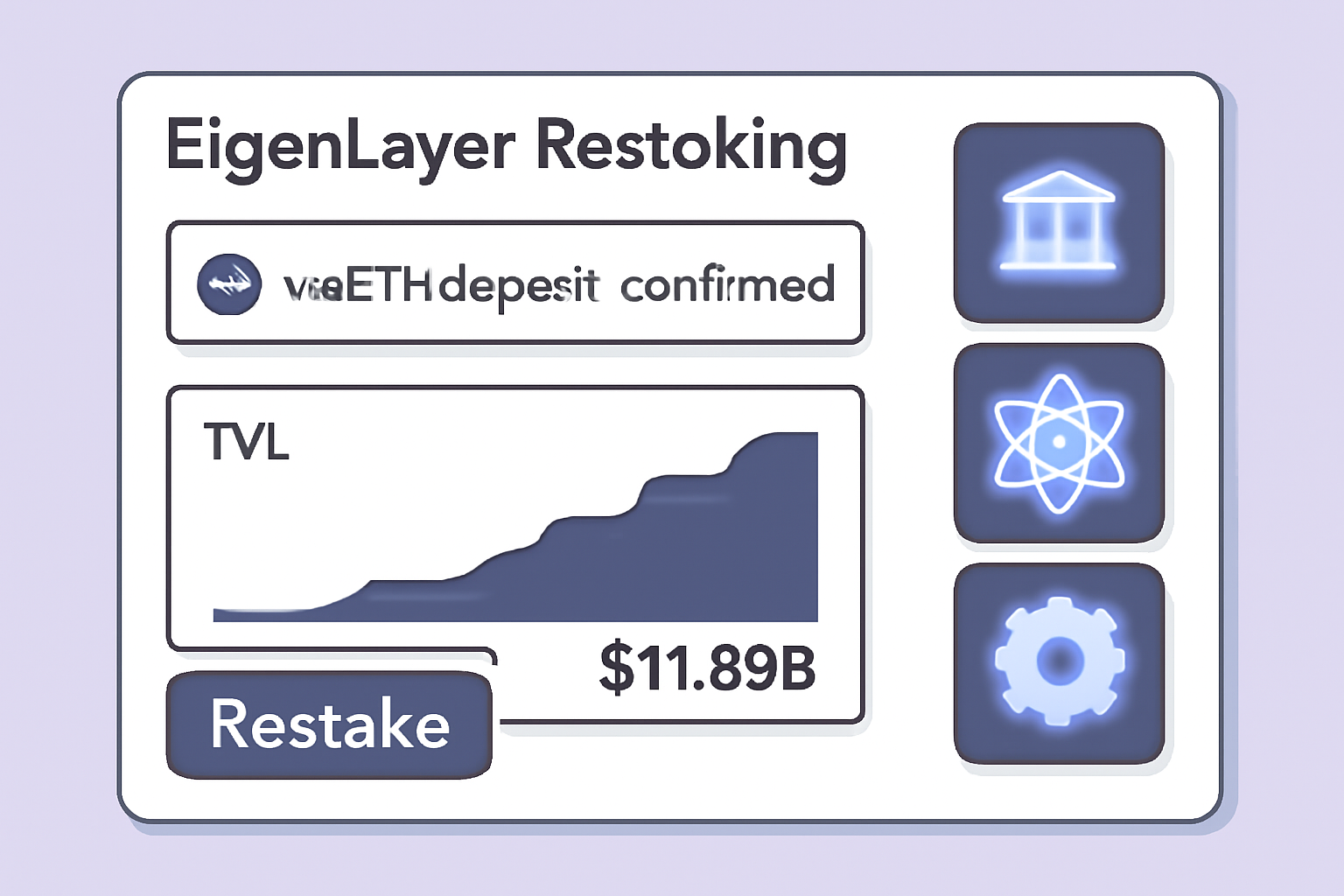 EigenLayer restaking dashboard with weETH deposit confirmed, TVL graphs at $11.89B, AVS icons glowing