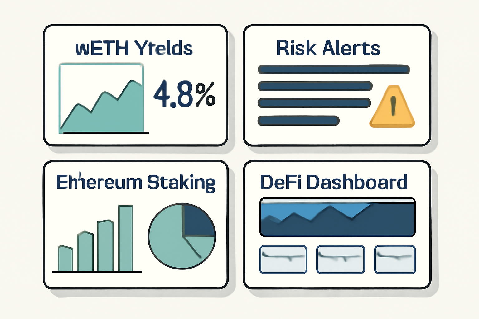 multi-dashboard view of DeFi trackers showing weETH yields, risk alerts, Ethereum staking charts