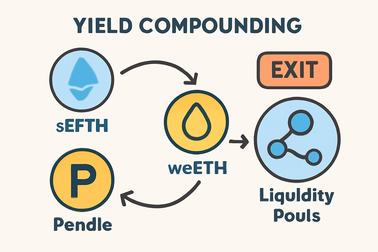 yield compounding cycle graphic, stETH-weETH-Pendle loop, exit button with liquidity pools