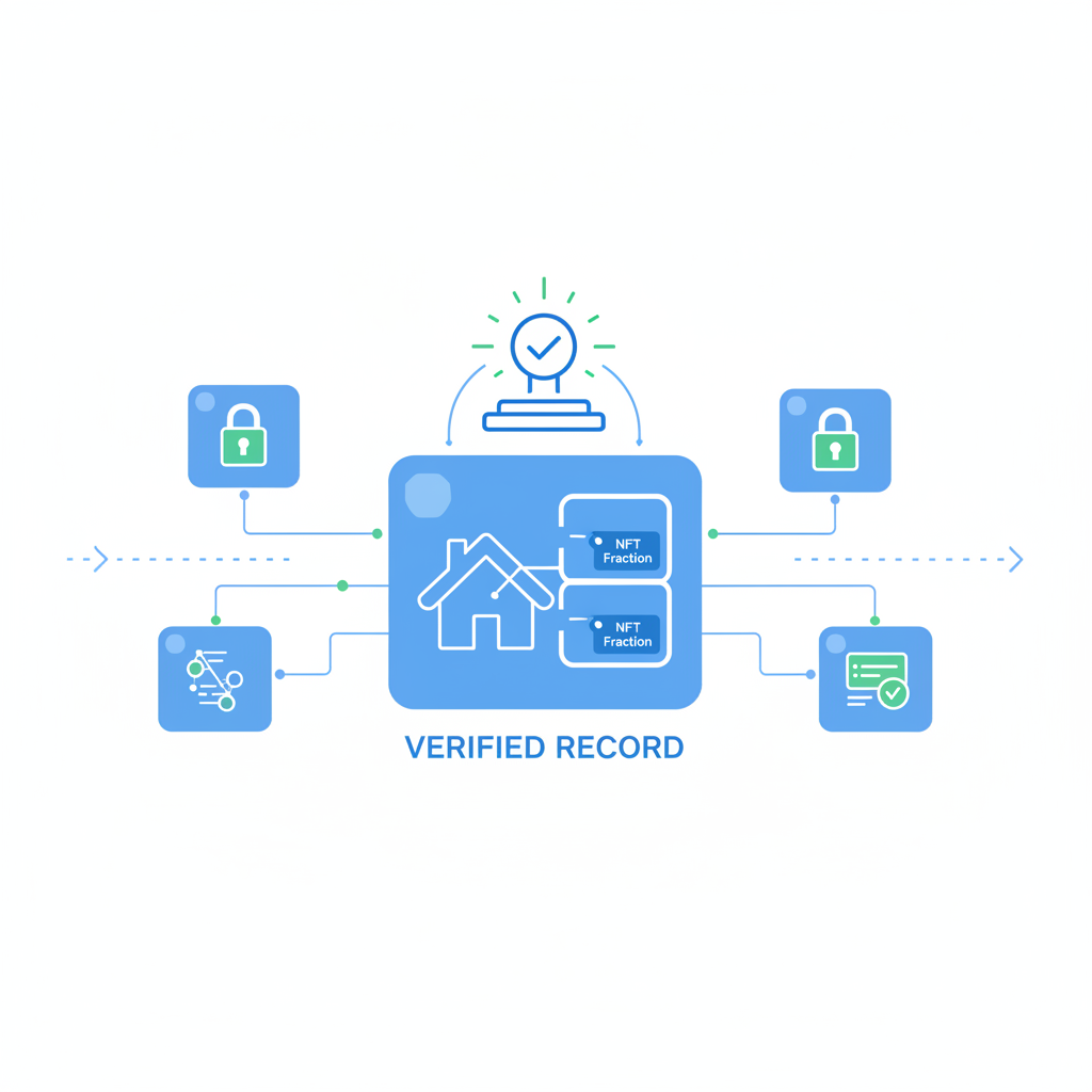 blockchain ledger with property NFT fractions being stamped and verified, secure digital records