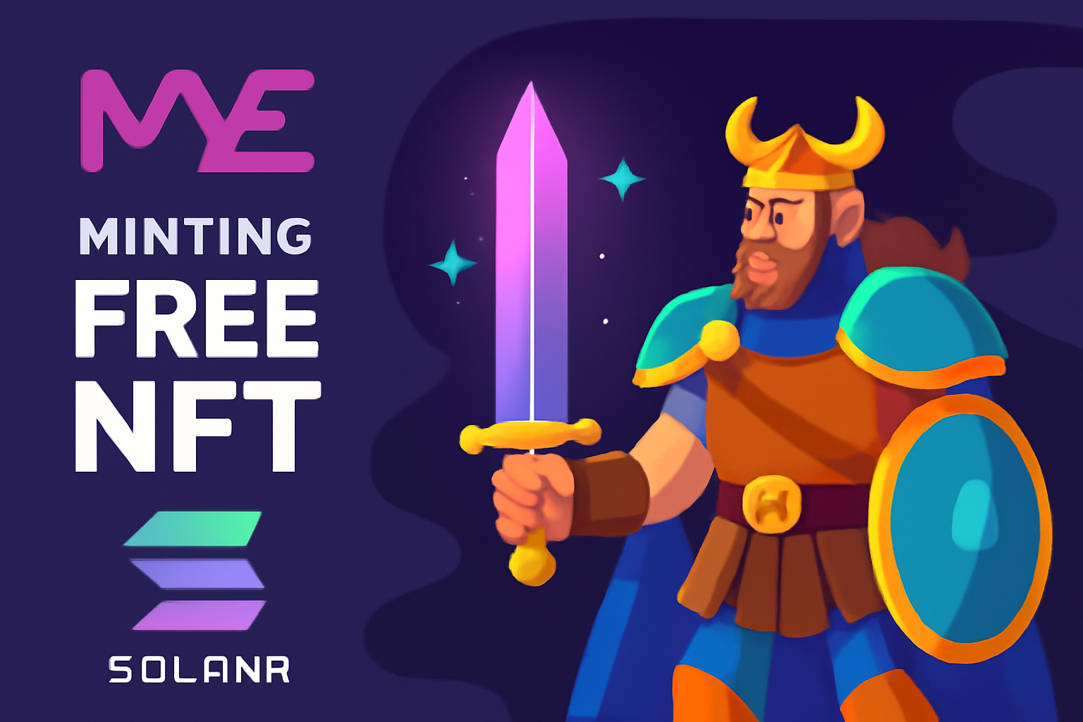Magic Eden marketplace minting free NFT hero character, fantasy warrior glowing, Solana blockchain theme, vibrant colors