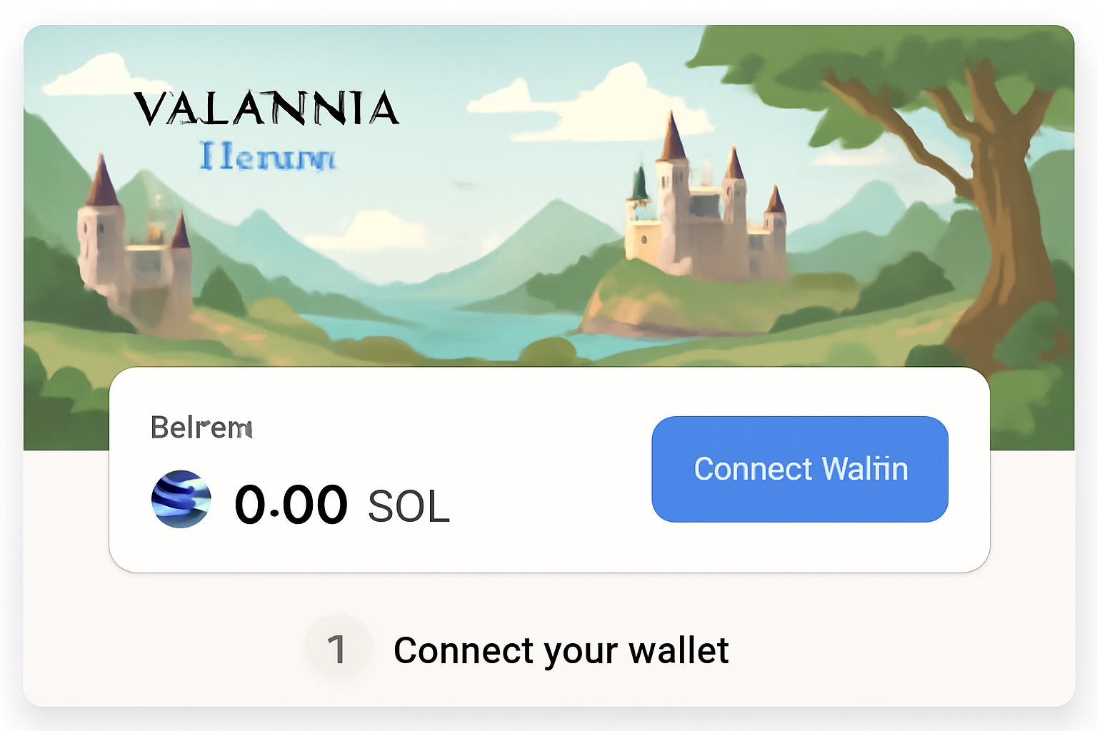 Valannia website dashboard with wallet connect button, fantasy MMO background, Solana logo, clean modern UI