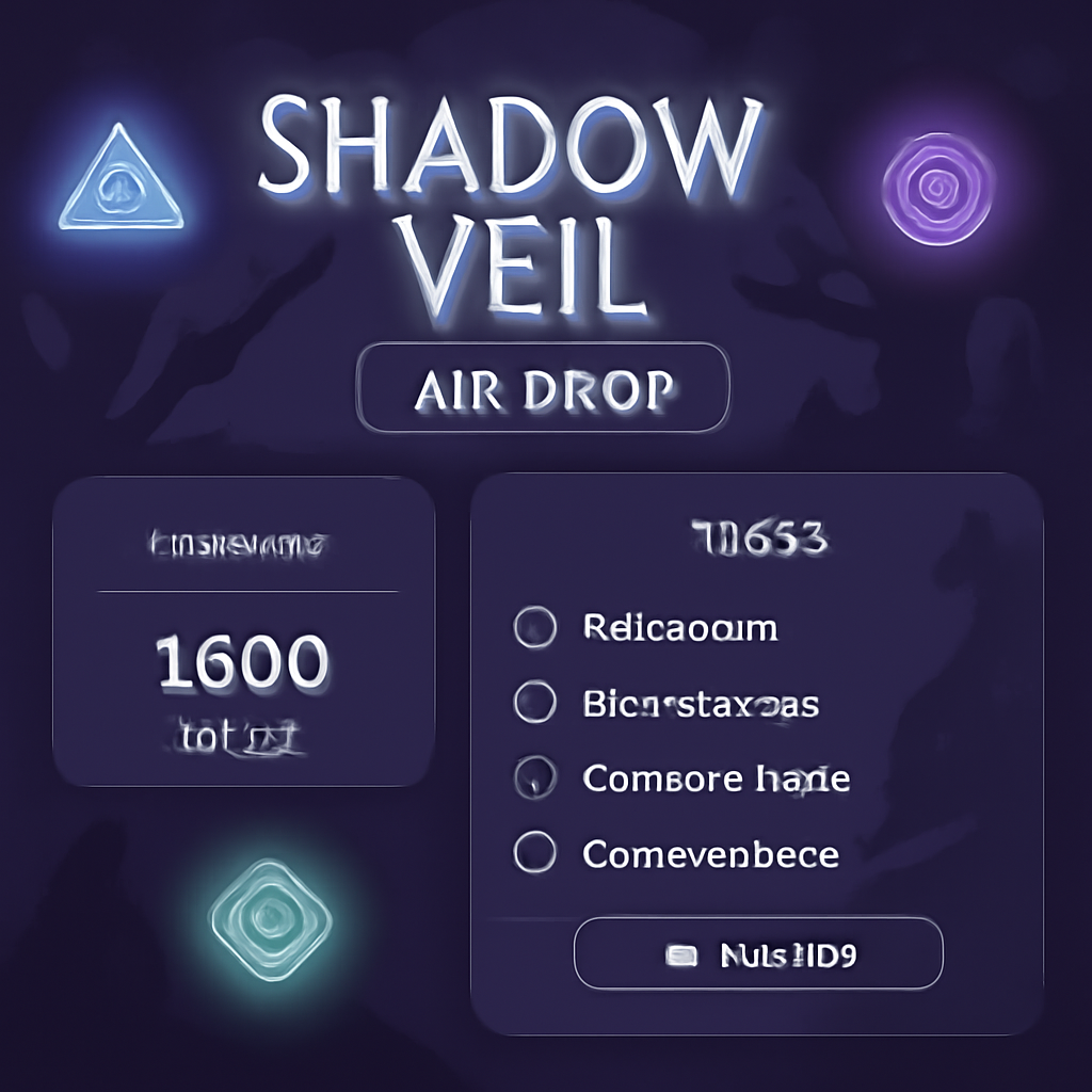 Shadow Veil airdrop dashboard with runes glowing, task list, fantasy shadows, Solana integration, mystical UI