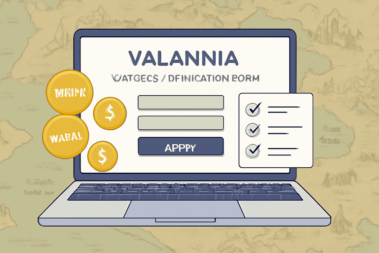 Valannia whitelist application form on laptop, $VALAN token icons, checklist, epic fantasy map background