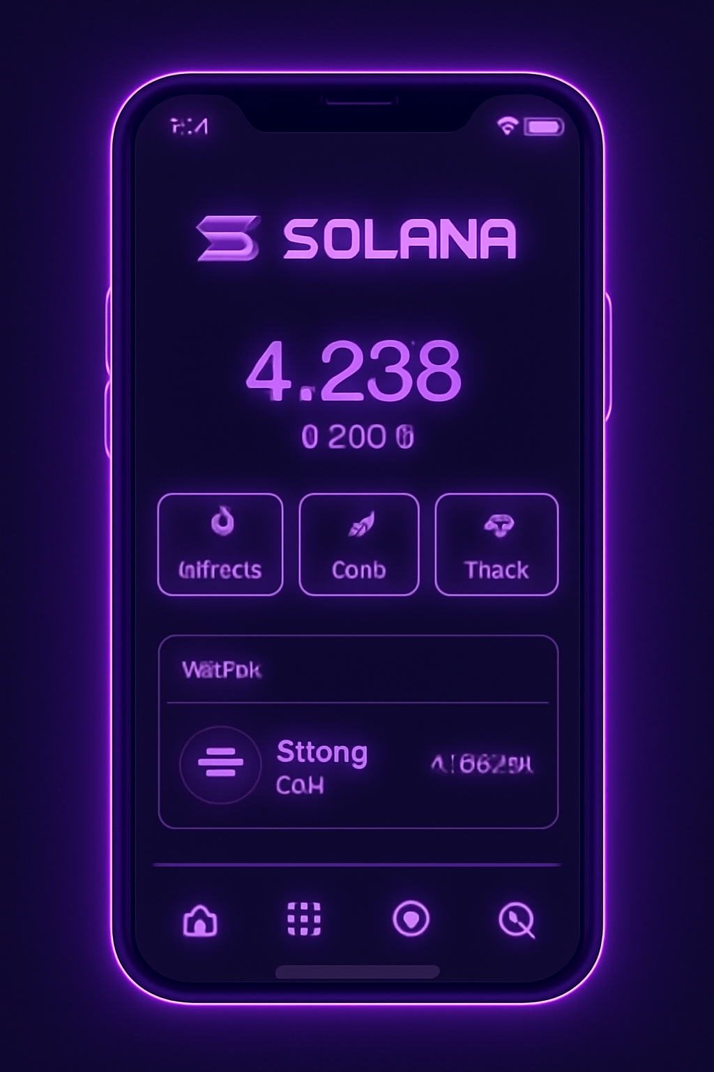 sleek Solana wallet app interface on mobile, glowing purple neon, futuristic UI, high detail