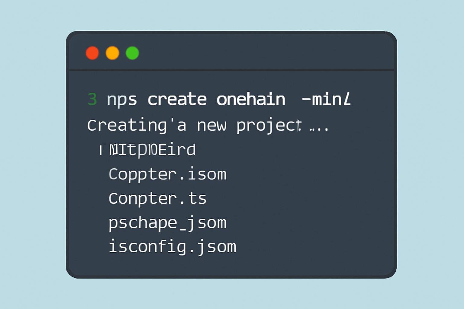 Terminal window showing npx create-onchain --mini command being executed, project files appearing