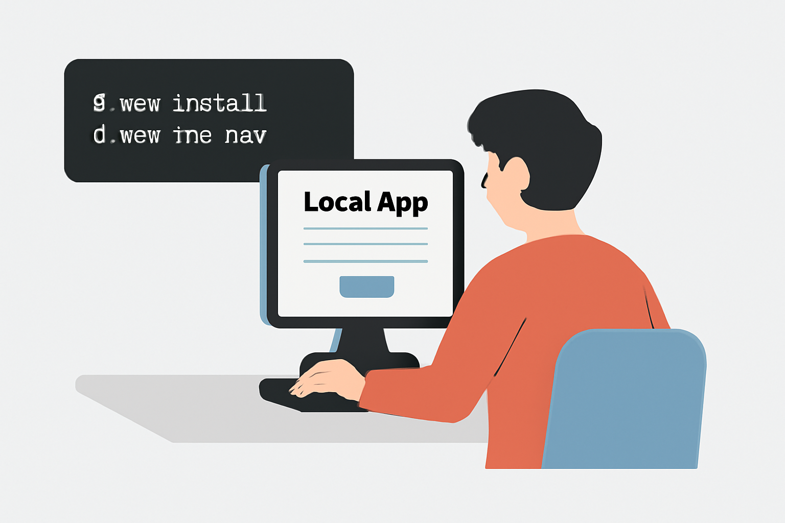 Developer running npm install and npm run dev in terminal, local app preview on screen