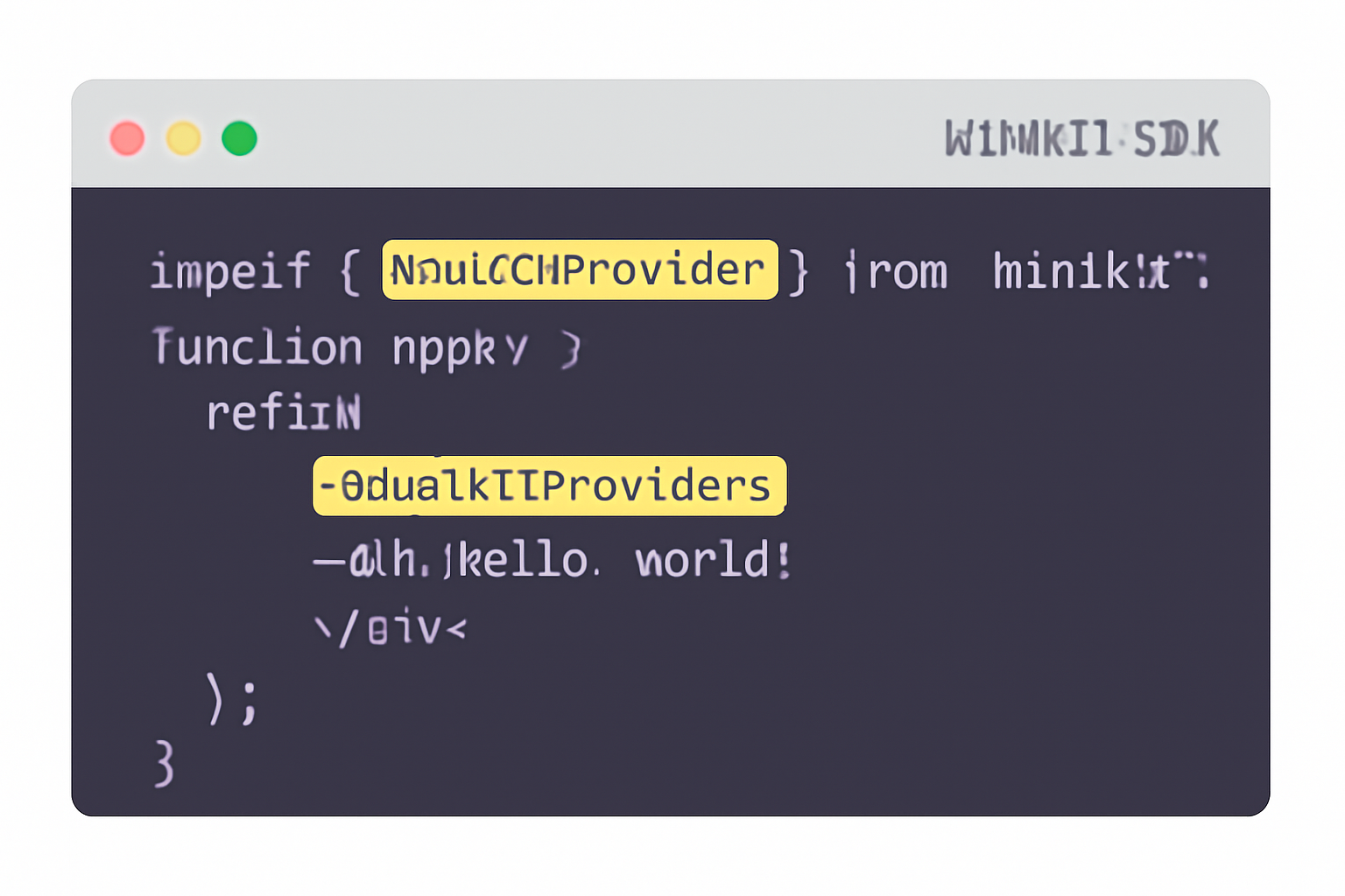 Code editor with MiniKit SDK integration, highlighted MiniKitProvider component