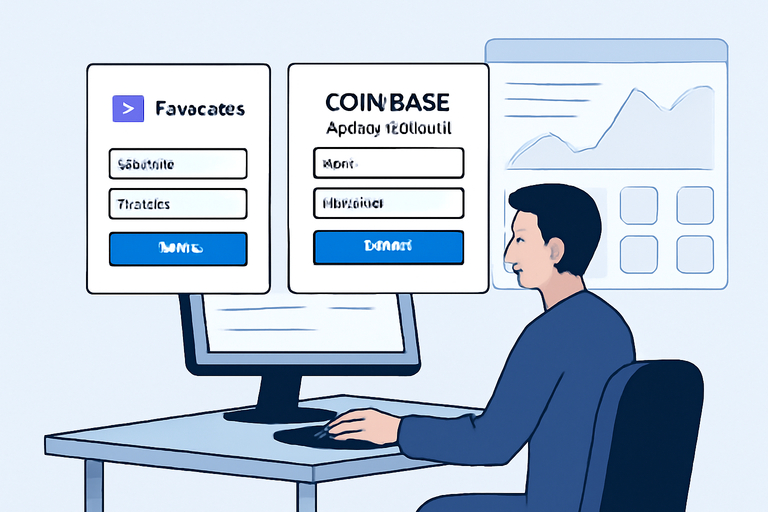 A developer at a computer, logging into Farcaster and Coinbase Developer Platform, digital dashboard in the background