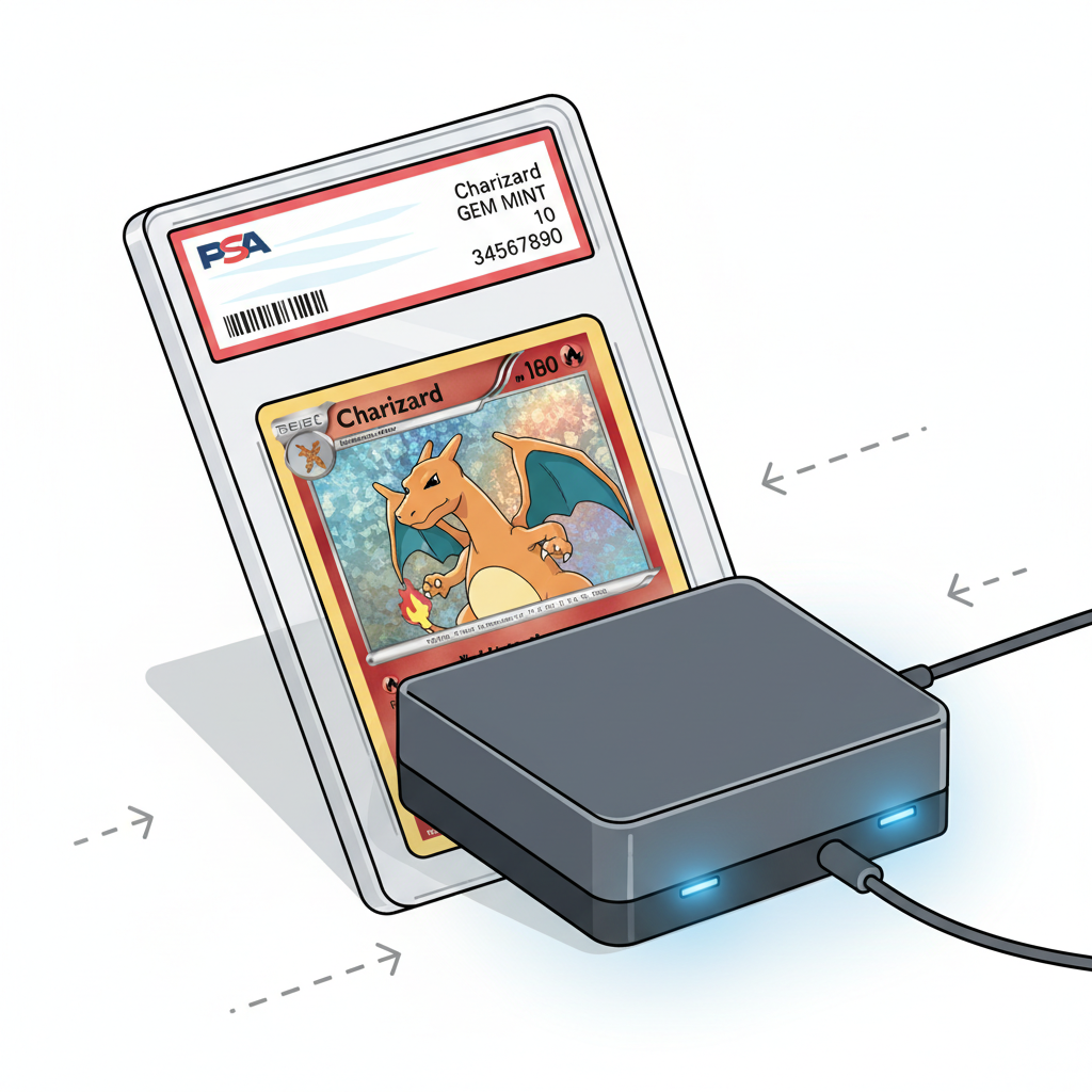close-up of PSA-graded Pokemon card slab with certification label, professional authentication scanner, clean technical style