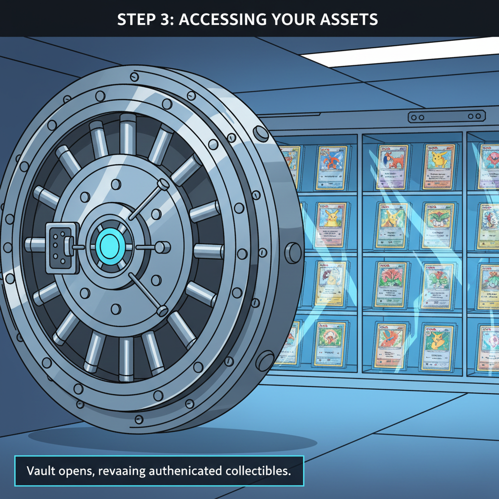high-security vault door opening to reveal stored PSA Pokemon cards in protective cases, futuristic secure storage facility