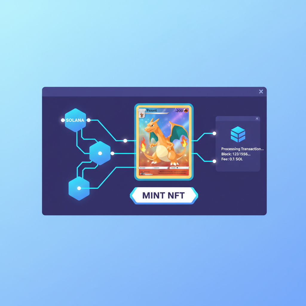 digital interface minting Solana NFT of Pokemon card, blockchain nodes connecting, glowing holographic card