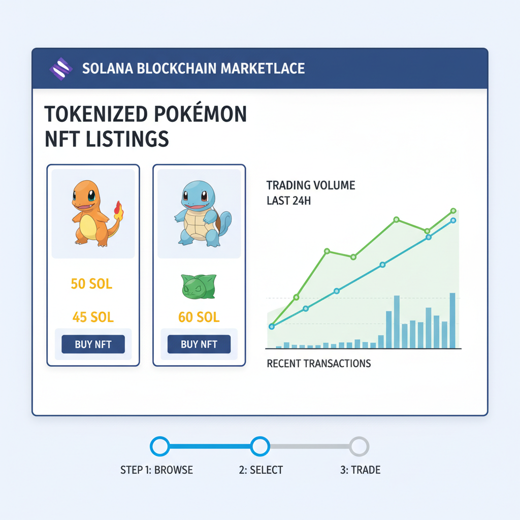 blockchain marketplace screen showing tokenized Pokemon NFT listings, trading charts, Solana logo