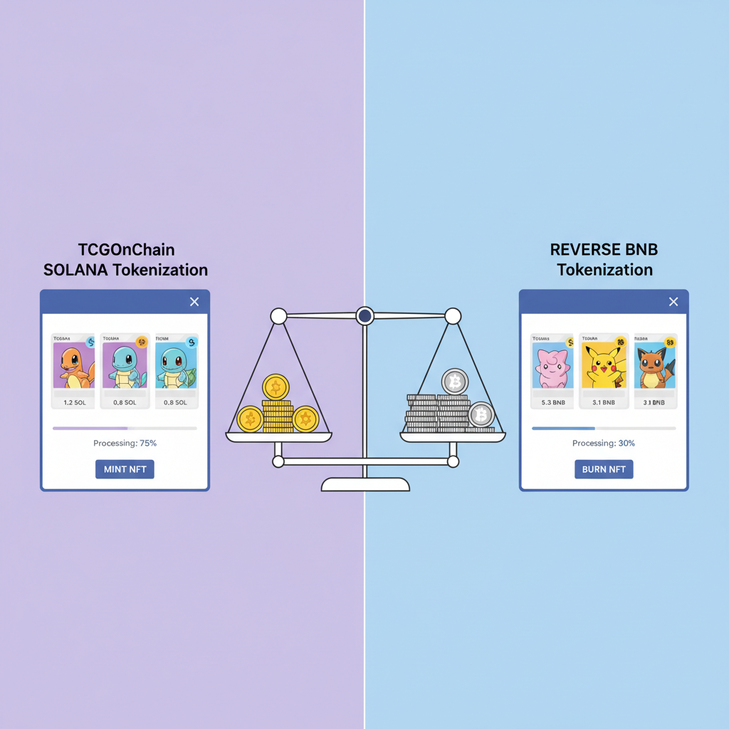 split image TCGOnChain Solana vs REVERSE BNB tokenization dashboards, Pokemon cards, balanced scales