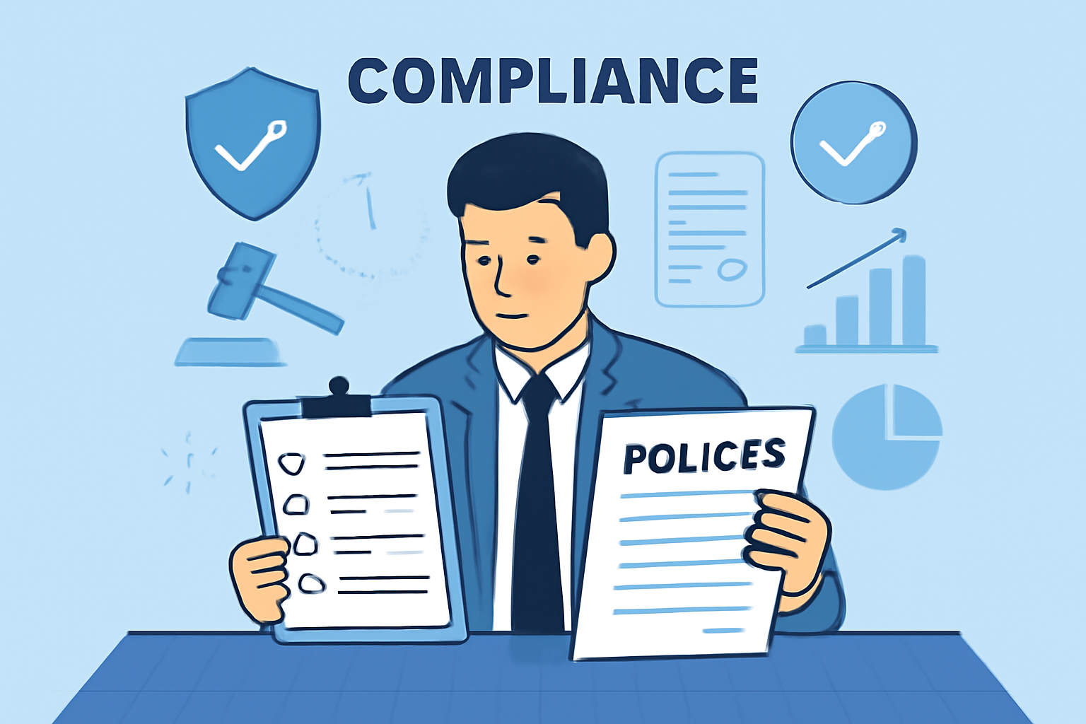 A compliance officer reviewing checklists and policies, with compliance icons and charts in the background