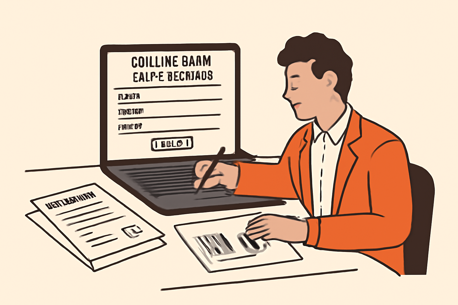 A business owner filling out an online bank application form, with supporting documents and charts nearby