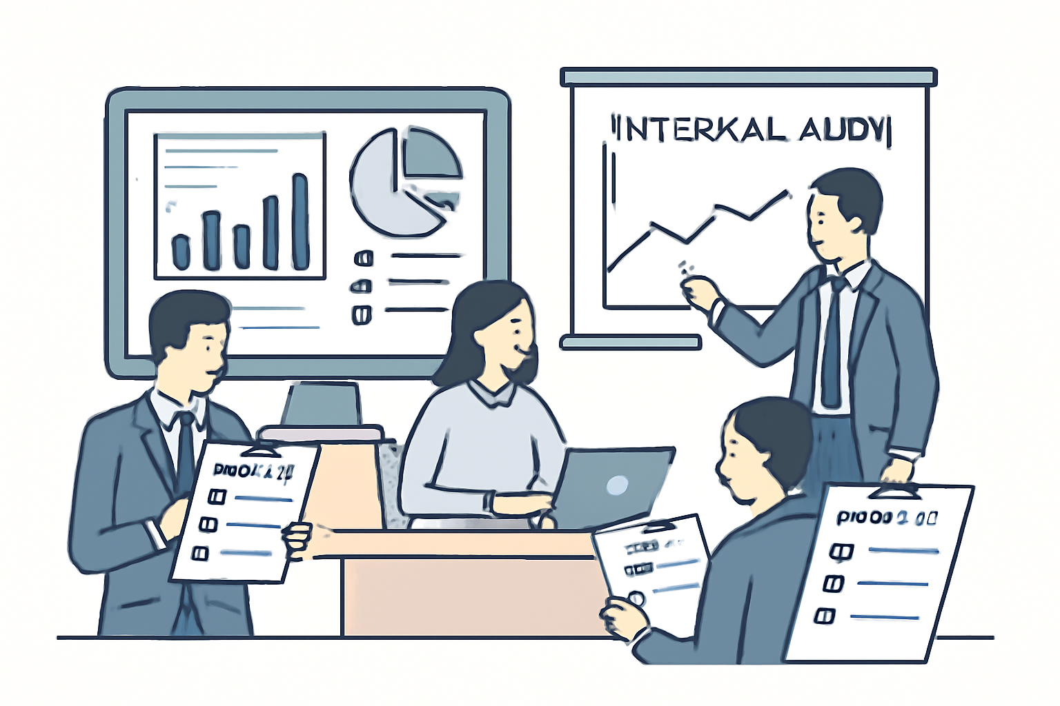 A business team conducting an internal audit, with compliance checklists and digital dashboards on screens