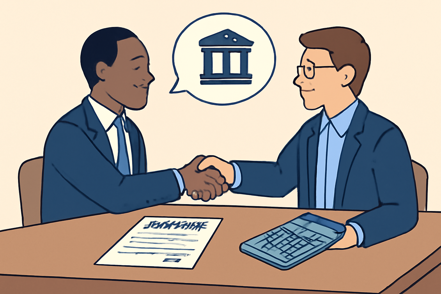 Two professionals shaking hands over a desk with a contract and calculator, discussing banking terms