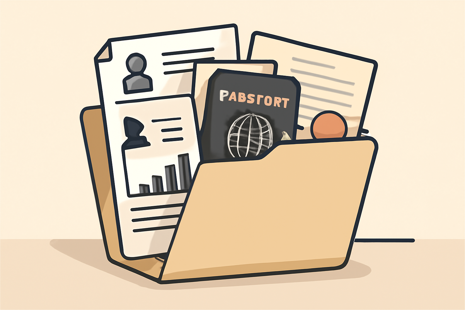 A folder filled with business documents, passports, and official certificates on a desk, ready for submission