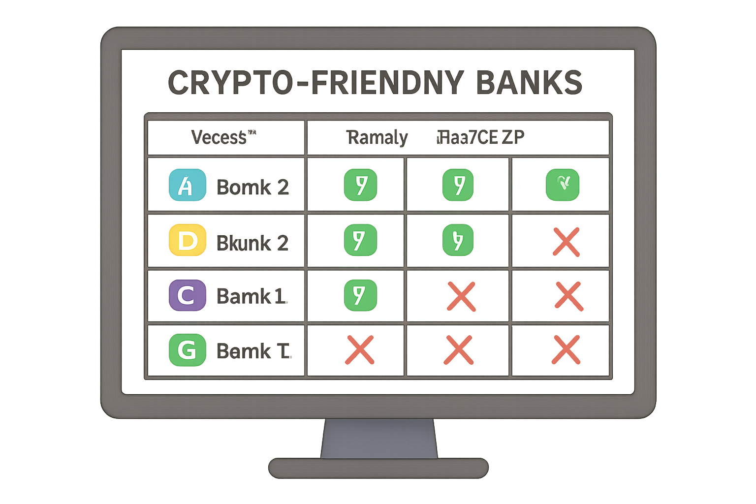 A computer screen displaying a comparison chart of different crypto-friendly banks, with logos and features highlighted