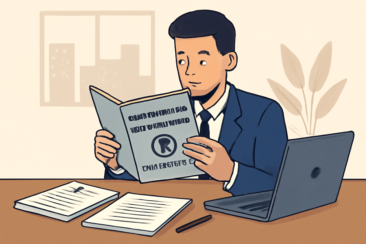 A businessperson reading government regulations about cryptocurrency in an office, with legal documents and a laptop on the desk