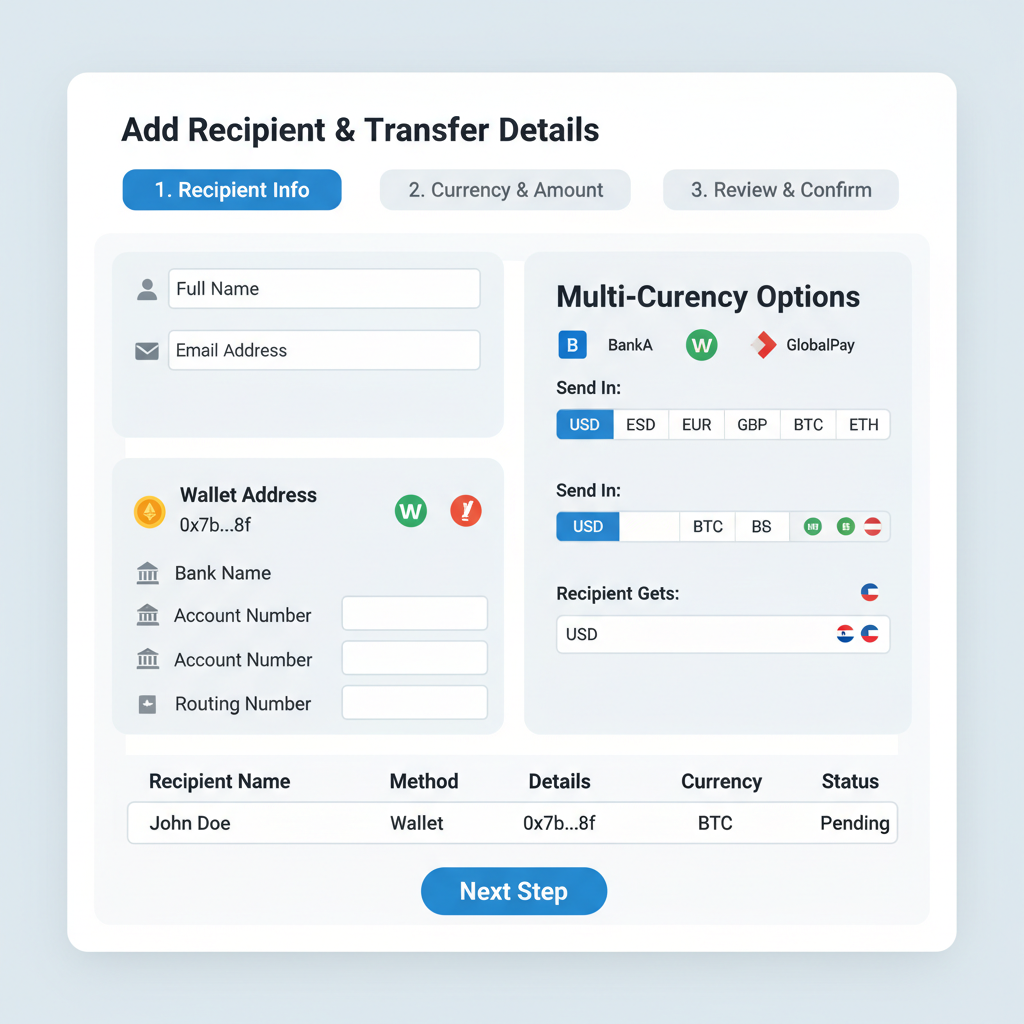 user interface adding recipient details, wallet addresses and bank icons, multi-currency options, organized table layout