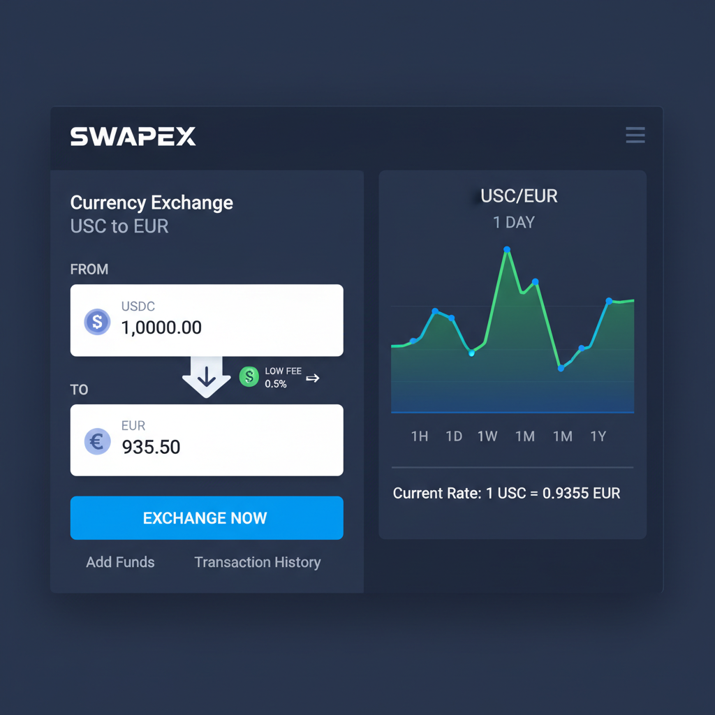 currency exchange interface with USDC to EUR conversion, real-time charts, low fee indicators, professional dashboard
