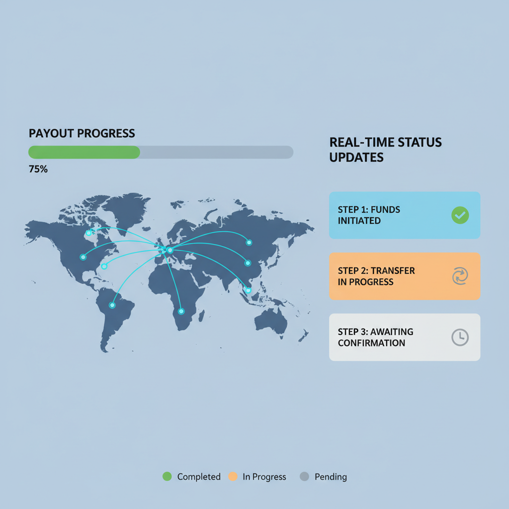 transaction tracking dashboard, progress bar for payout, global map with transfer lines, real-time status updates