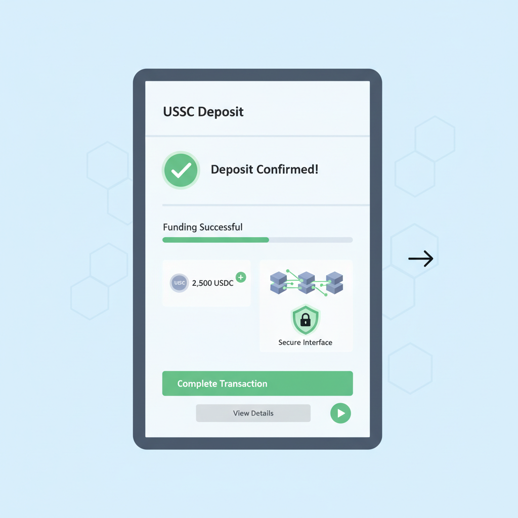 digital wallet dashboard showing USDC deposit, blockchain icons, secure funding interface, green success indicators