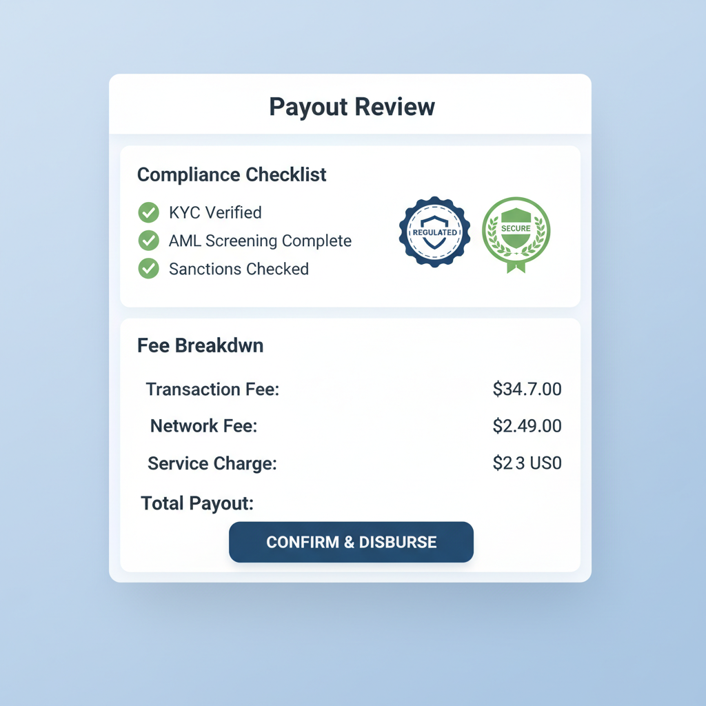payout review screen with checklists, compliance badges, fee breakdown, confirmation button, conservative design