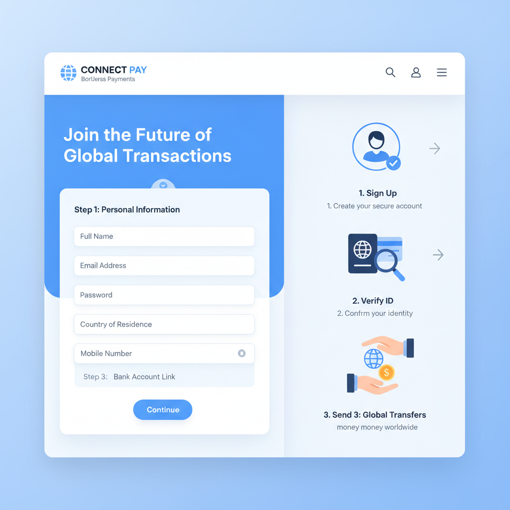 professional web signup page for borderless payment platform, clean blue interface, KYC form, modern fintech design