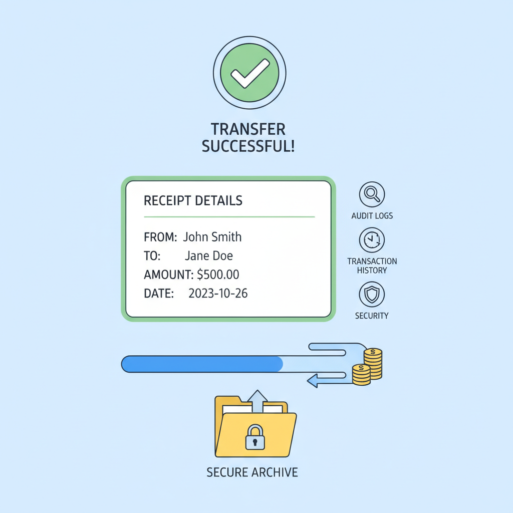 confirmation screen with receipt details, audit log icons, successful transfer visualization, secure archive folder