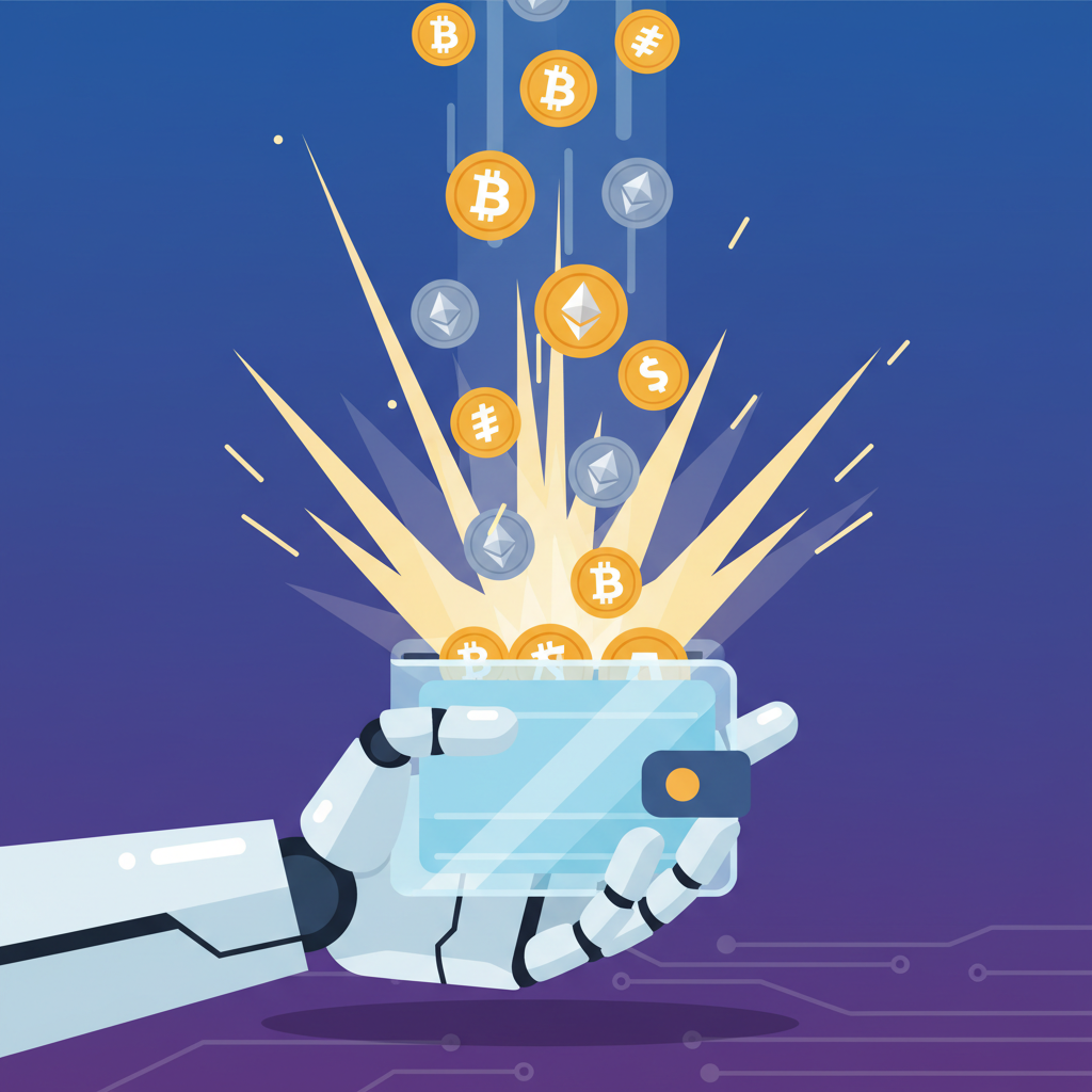 massive crypto coins pouring into futuristic smart wallet held by AI robot, explosive energy, golden streams