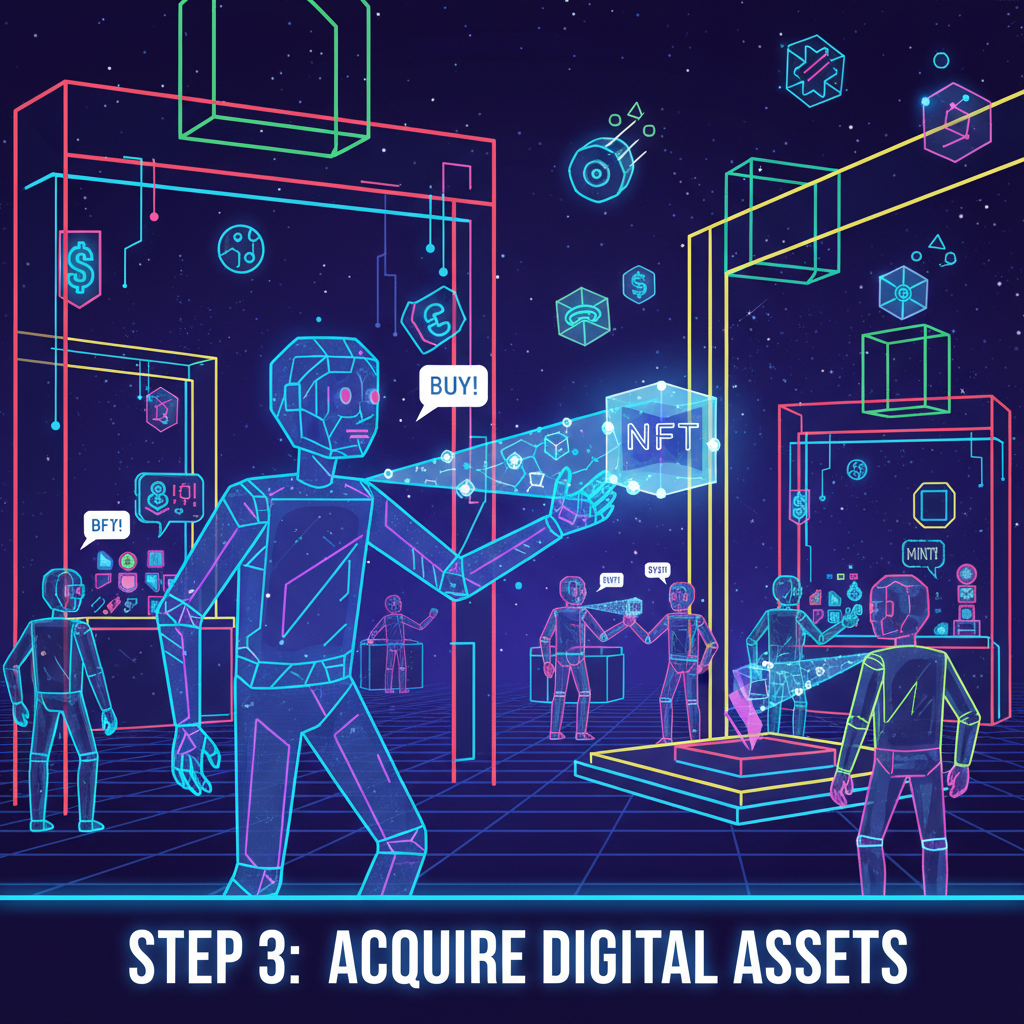 AI agent shopping in neon Shape marketplace, grabbing NFT items with wallet beams, bustling cyber bazaar