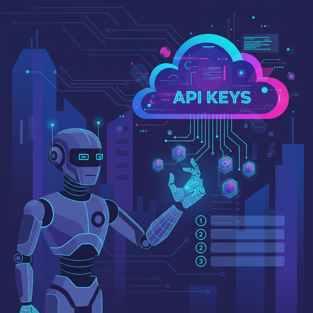 futuristic AI agent robot grabbing glowing API keys from neon cloud dashboard, cyberpunk style, vibrant blues and purples